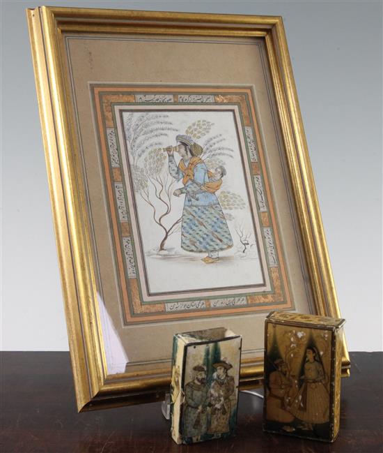 An illuminated Persian drawing & 2 boxes